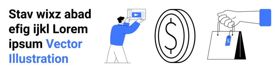 Man creating a video, large dollar coin symbolizing money, and a hand holding shopping bags. Ideal for finance, marketing, e-commerce, shopping, content creation, payment simple landing page