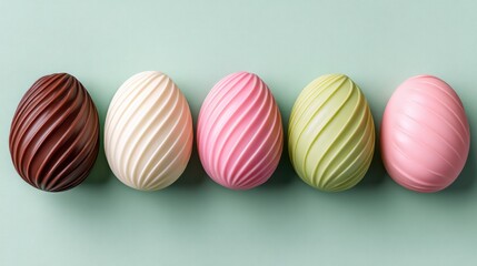 Fototapeta premium Beautifully Crafted Decorative Easter Eggs in Soft Pastel Colors Arranged Neatly on a Light Green Background for Spring Celebrations and Festivities