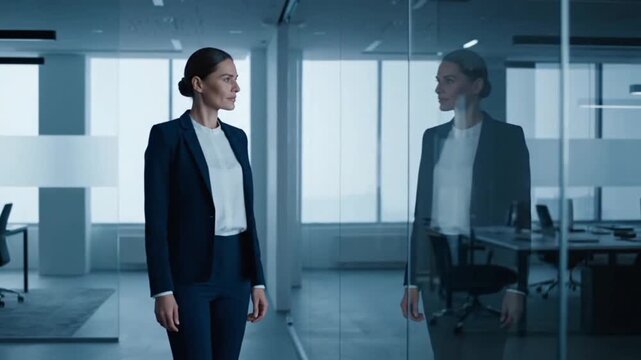 Professional businesswoman stands with poise in a contemporary office, gazing at her reflection in a glass wall, embodying self-awareness and corporate ambition