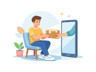 Man receiving package from smartphone, flat vector illustration of online delivery concept