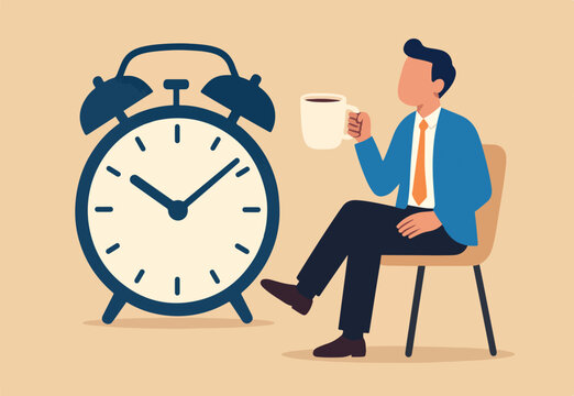 Time to take a break, coffee break time to relax and refresh from long stress interval, free from bored, sleepy and fatigue concept, relax businessman with a cup of coffee or tea with alarm clock.
