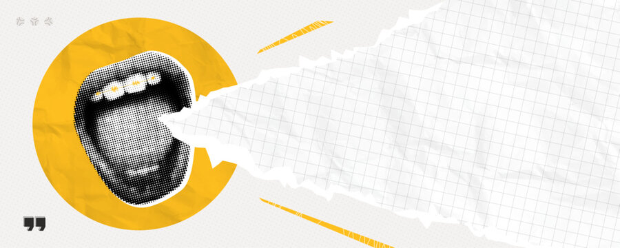 Trendy Halftone Collage Screaming Mouth with Torn Paper background for promotion and announcing news. Banner with empty space for text. Social media message. Contemporary vector illustration art