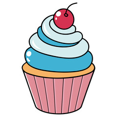 A cartoon illustration of a cupcake with blue frosting and a cherry on top, viewed from the front.