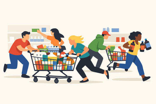 Shoppers rushing and buying products in supermarket during panic buying situation