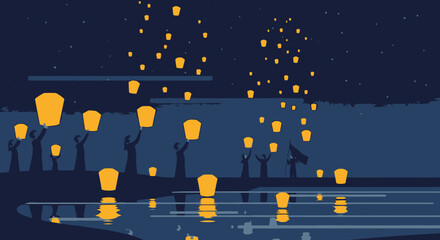 Glowing Lanterns Floating on Dark Water Surface. © Cendol