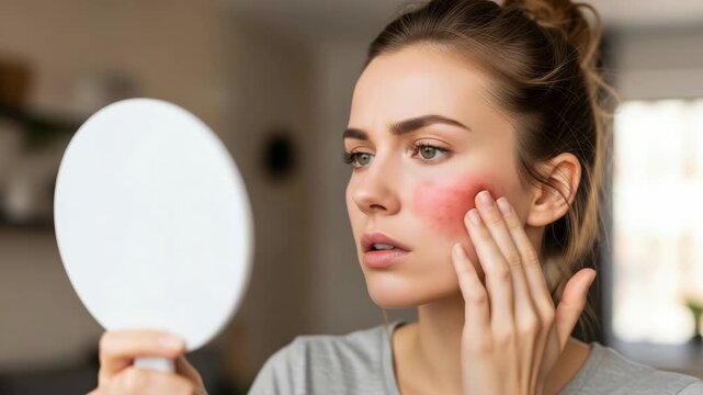 Woman In Home Examines Her Inflamed Cheek In Mirror Likely Due To Skin Condition With Neutral Background For Medical Health Skincare Content