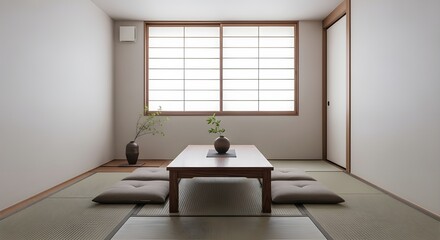 Fototapeta premium Minimalist Japanese-style interior with tatami textures, representing zen living, balance, and calm modern design. 