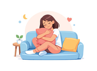 Obraz premium Woman on couch hugging pillow with moon and heart, flat vector illustration