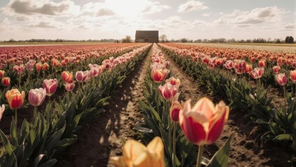 Colorful tulip field stretching towards a distant building under a partly cloudy sky