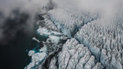 Aerial view of a glacier edge meeting the ocean.  Vast icy formations meet dark water, shrouded in mist