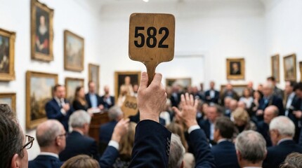 Fototapeta premium Hand Holding Auction Paddle Number 582 During Bidding War in Gallery with Art Paintings