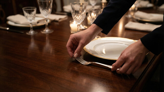 Elegant Dining Setting with Silver Fork Next to Ornate Porcelain Plate on Polished Table