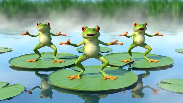 Dancing frogs on lily pads in pond, comical, 3D render, happy dance, cute amphibians in funny poses, whimsical nature scene, fantasy setting