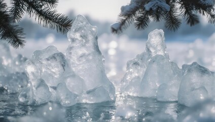Frozen ice formations on a frozen lake, with pine branches above