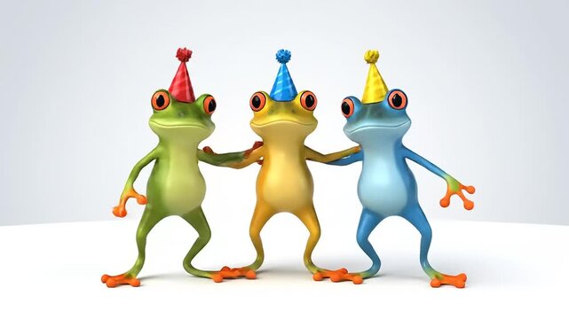Three cartoon frogs wearing party hats celebrating together.