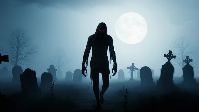 Hooded Figure With Glowing Eyes Walks Ominously Through Foggy Graveyard Illuminated By Full Moon For Halloween-themed Content Book Covers Horror Movie Posters