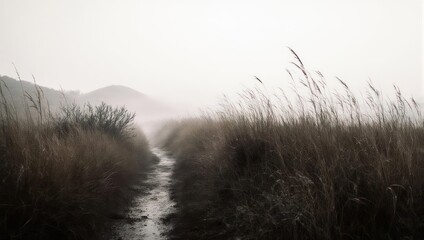 Misty path through tall grass