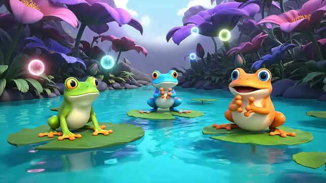 Three Cute Cartoon Frogs Sitting on Lily Pads in a Magical Pond.