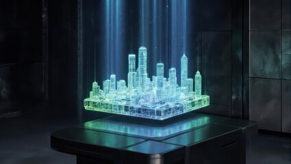 Floating city model, digital rays, dark room