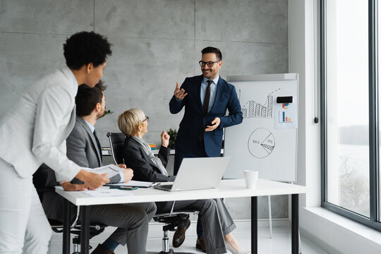 Diverse business team analyzing data and brainstorming ideas on a whiteboard in a modern office.
