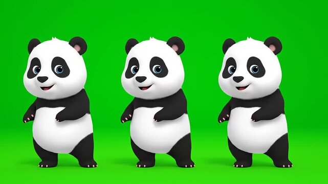 Three Cute Cartoon Pandas Dancing and Waving on Green Background.