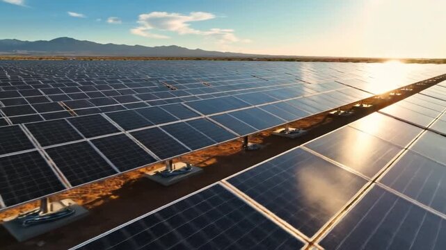 Vast Solar Farm With Sunlight Glare, Renewable Energy Concept, Horizontal Landscape
