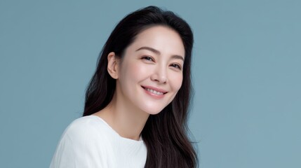 Fototapeta premium Smiling woman with long hair against a light blue background, showcasing natural beauty and positive emotion in a modern portrait photography style