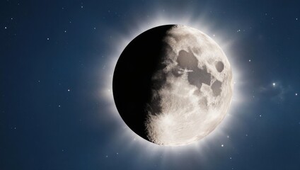 Half moon, glowing brightly, against a dark night sky dotted with stars