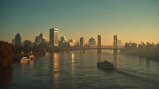 Sacramento skyline with Tower Bridge and river boat at sunset golden hour