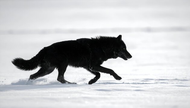 A black wolf swiftly runs across a snowy field in a winter landscape, contrasted by the stark white background