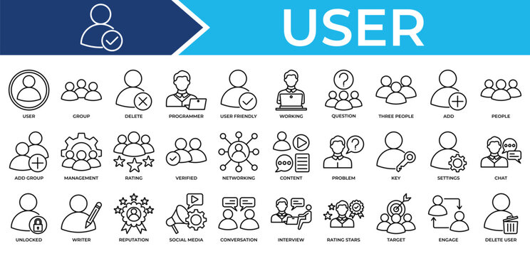 User icon set collection. Containing, individual, organization, partner, increase, interview, question, networking .Line vector icons collection