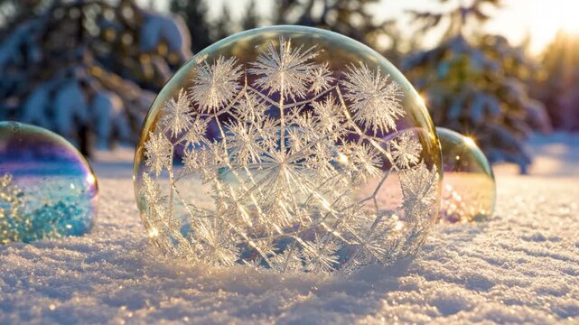 Frozen Bubbles with Frost Patterns in Winter Snow at Sunrise