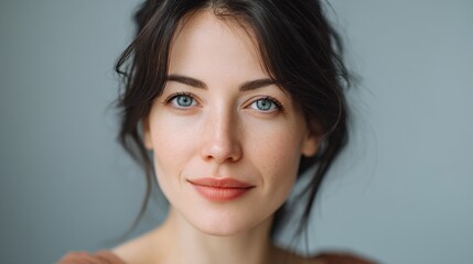 Fototapeta premium Beautiful woman with natural makeup and striking blue eyes, showcasing a serene expression against a soft gray background, perfect for lifestyle imagery
