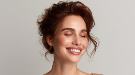 Fototapeta premium Beautiful woman with natural makeup and soft waves, smiling gently against a neutral background, showcasing calm and positive emotions, beauty and wellness