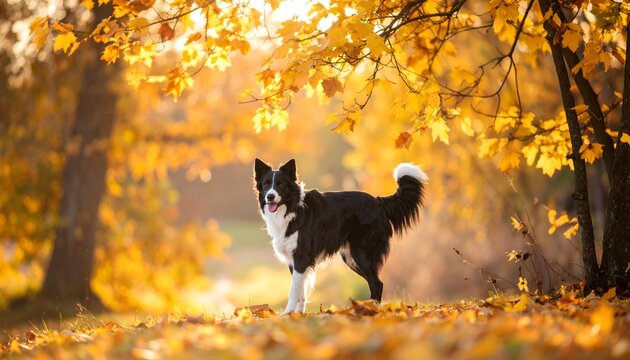 A Border Collie stands amidst fallen autumn leaves under a tree with yellow foliage in a park landscape