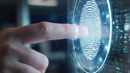 Close-up of a finger touching a digital fingerprint scan