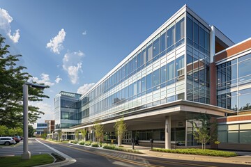 Obraz premium Modern hospital exterior with glass facade