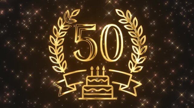 Golden number 50. A luxurious premium looped background with a golden wreath, ribbon, and festive cake. Perfect for birthdays, anniversaries, awards, and business achievements