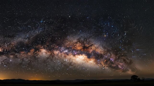 Sweeping View Of The Starry Night Sky Showcasing The Milky Way Galaxy The Landscape Is Flat Dark Field At Dusk With The Bright Band Of The Milky Way Stretching Across The Sky For Edu
