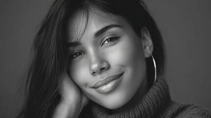 Fototapeta premium Close-Up Portrait of a Smiling Woman with Dark Hair in a Cozy Sweater Against a Neutral Background, Capturing Natural Beauty and Graceful Expression