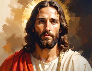 Painted portrait of a man with beard and shoulder length wavy hair, halo, in soft lighting