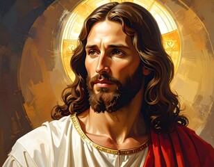 Painted portrait of a man with long brown hair and a beard, wearing a white robe