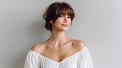 Obraz premium Elegant woman with brown hair wearing white blouse posing against a neutral wall, showcasing natural beauty and confidence in a serene atmosphere
