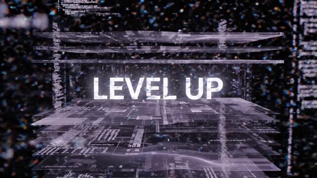 Level Up Data Glitch Reveal Loop. Futuristic Technology Cyberpunk Digital Background with Hacking Code 4k video animation seamless loop