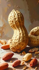 Painted still life of peanuts, in and out of shells, on a muted brown background