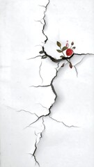 Painted white wall deeply cracked, with a painted red rose emerging from the fissure