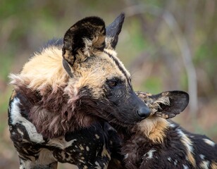 Painted wolf embraces, dappled fur against soft blurred green background