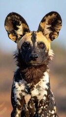 Painted wolf portrait with mottled coat, large erect ears, sharp gaze, and blurred background