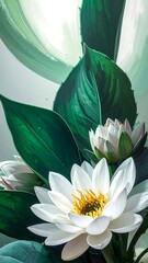Painterly white lotus flowers with large green leaves set against a soft, brushstroke background