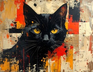 Painting of a black cat with piercing yellow eyes against an abstract background